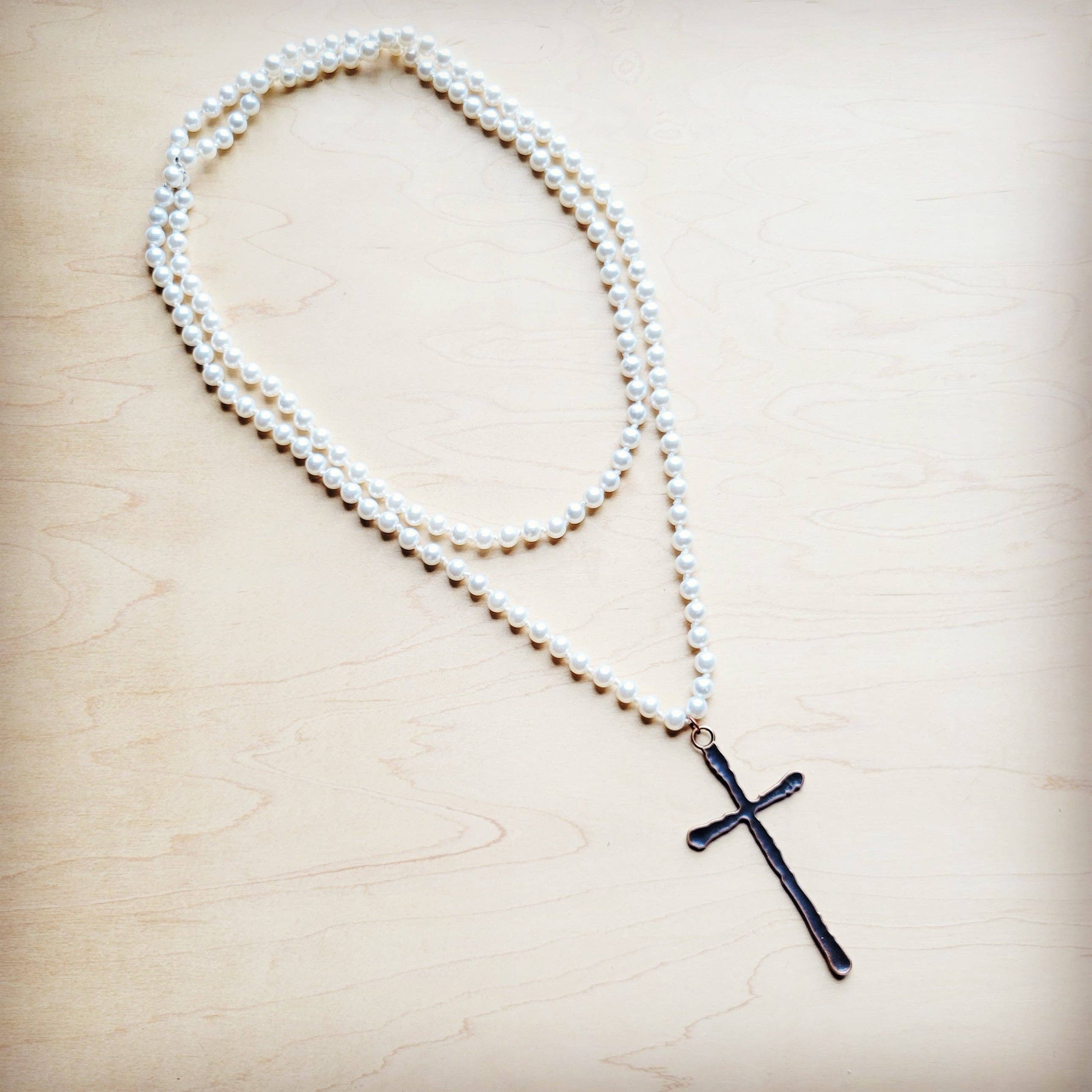 Extra Long Pearl Beaded Necklace w/ Copper Cross 260m