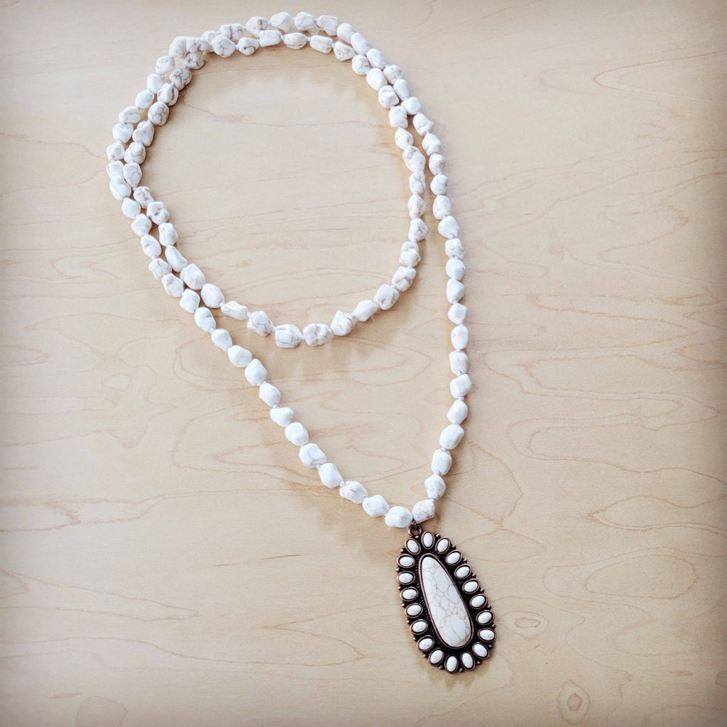 Long Beaded Necklace w/ Squash Blossom Pendant White