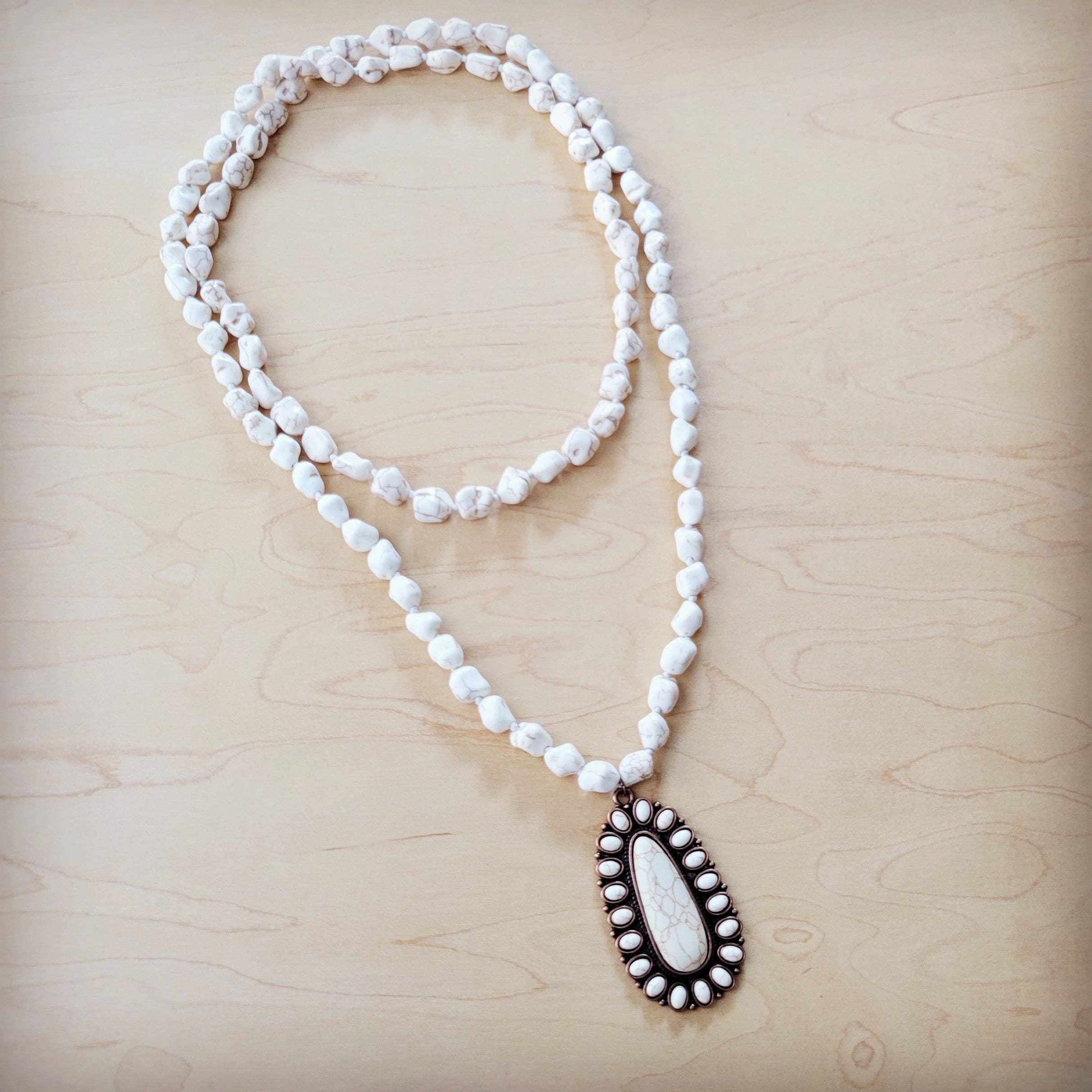 Long Beaded Necklace w/ Squash Blossom Pendant White