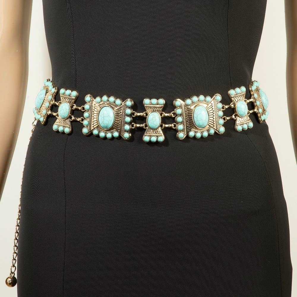 Turquoise Stone Western Concho Chain Belt: S