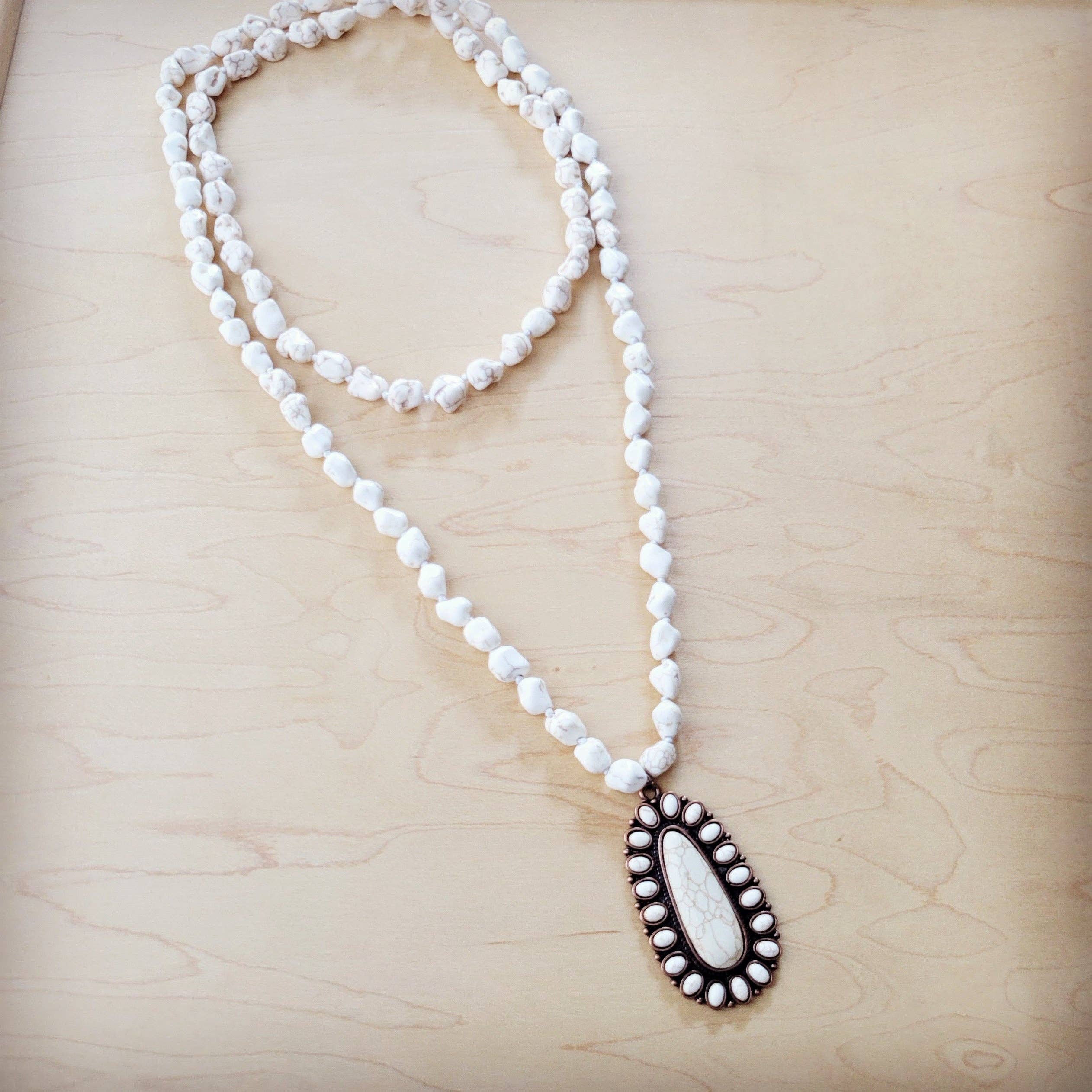 Long Beaded Necklace w/ Squash Blossom Pendant White