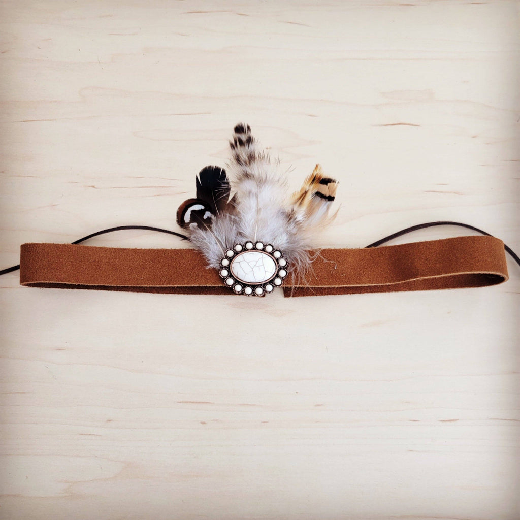 Genuine Suede Leather Hat Band w/ Stone Pendant & Feathers 954u