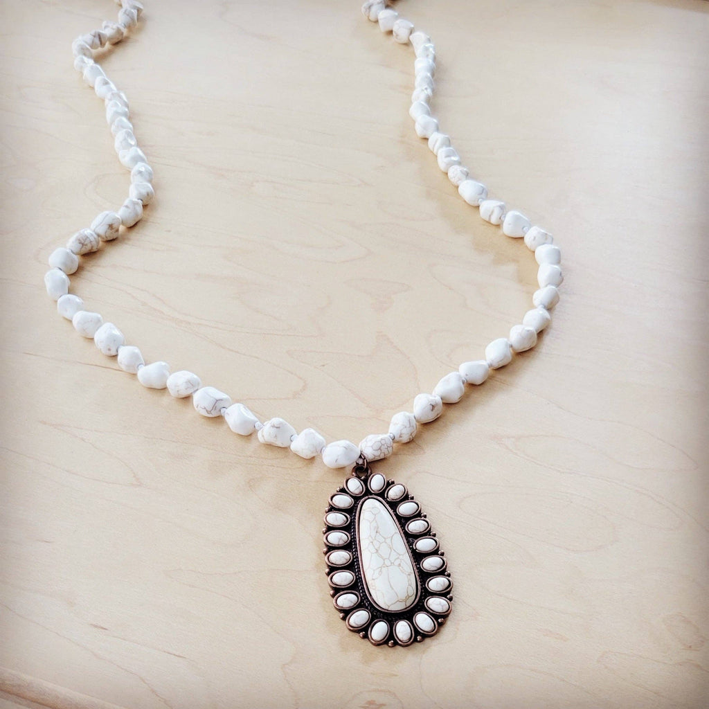 Long Beaded Necklace w/ Squash Blossom Pendant White