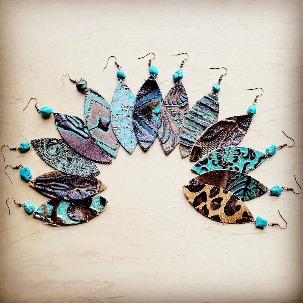 Leather narrow Oval Earrings in Leopard w/ Turquoise Accent 206u