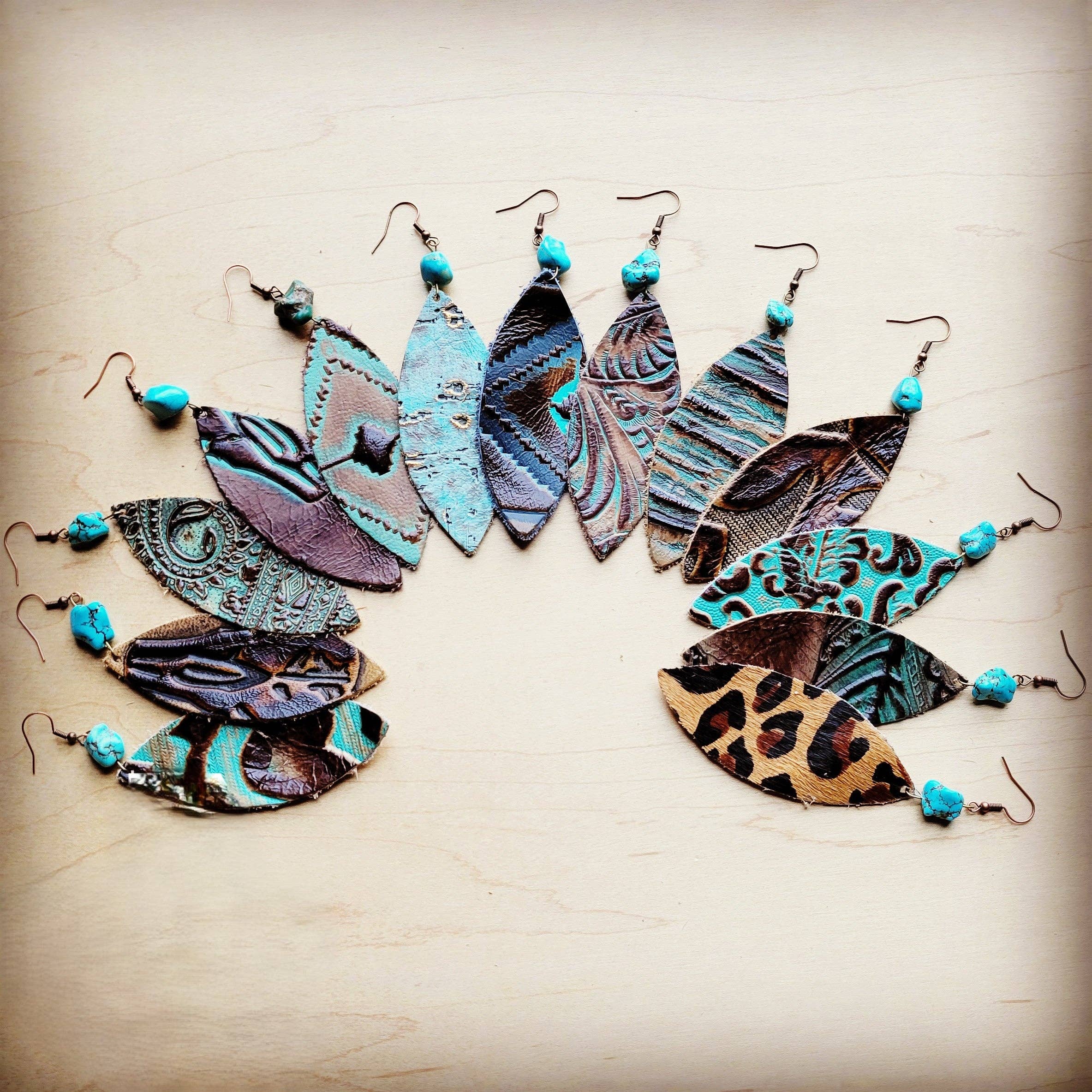 Leather narrow Oval Earrings in Leopard w/ Turquoise Accent 206u