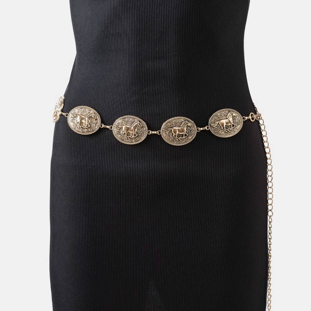 Western Horse Engraved Concho Chain Belt: S
