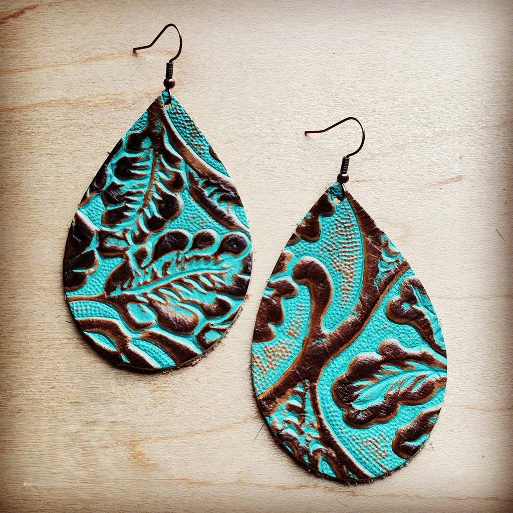 Leather Teardrop Earrings in Cowboy Turquoise 203b: Small