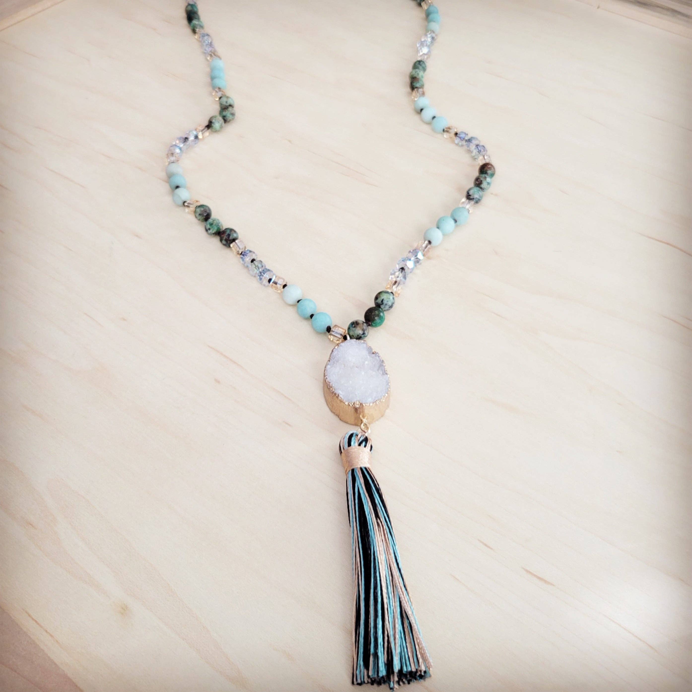 Long Amazonite Necklace with Genuine White Druzy Pendant  262j