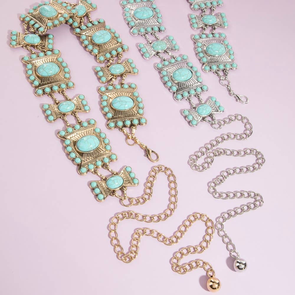 Turquoise Stone Western Concho Chain Belt: S