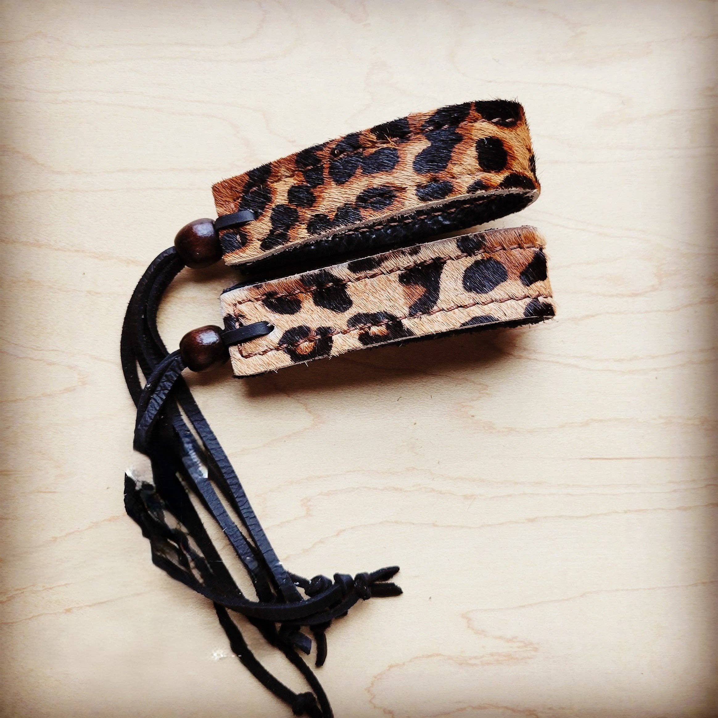 Narrow Leather Cuff w/ Adjustable Tie Hair Hide Leopard 014p