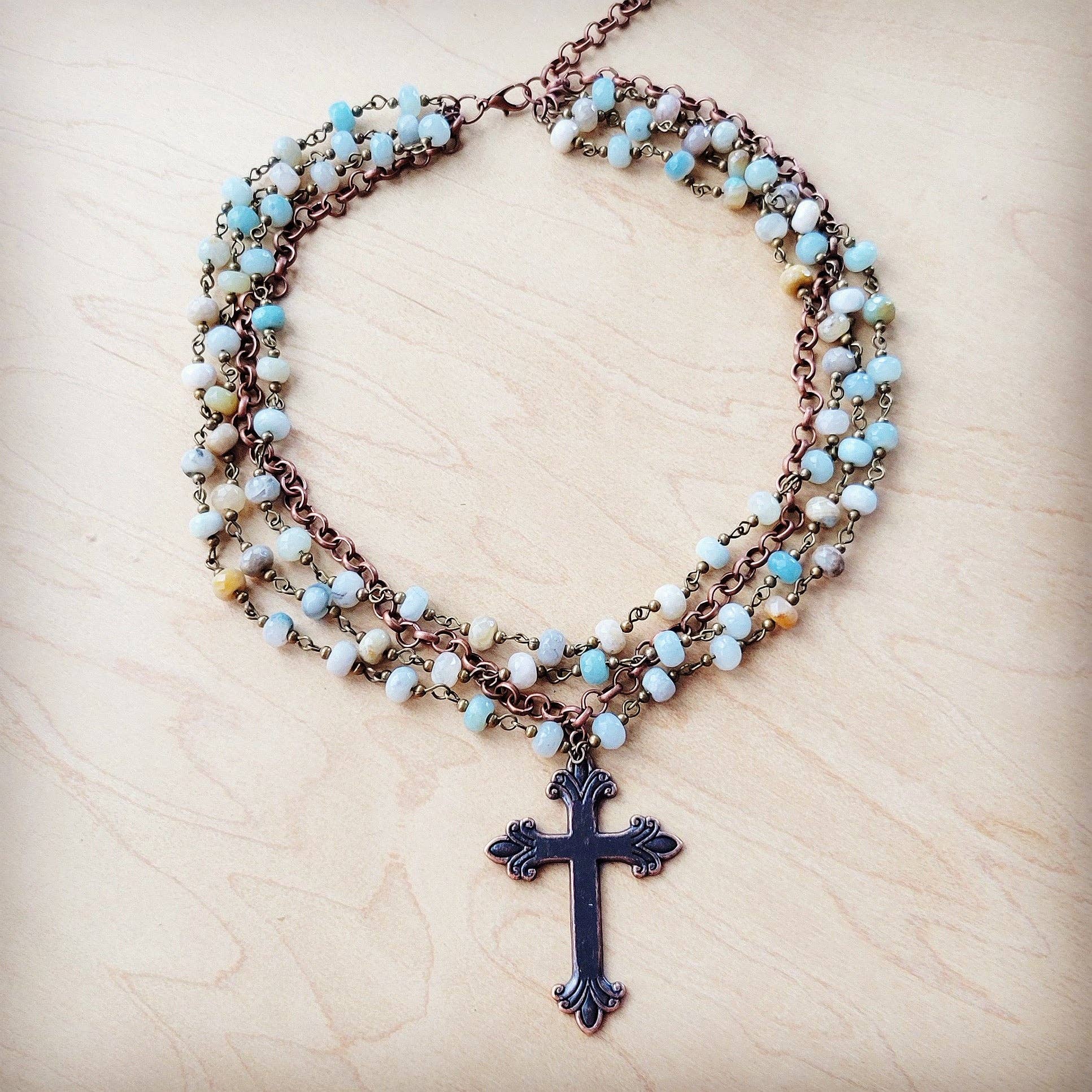 Amazonite Beaded Collar Necklace w/ Cross Pendant 261a