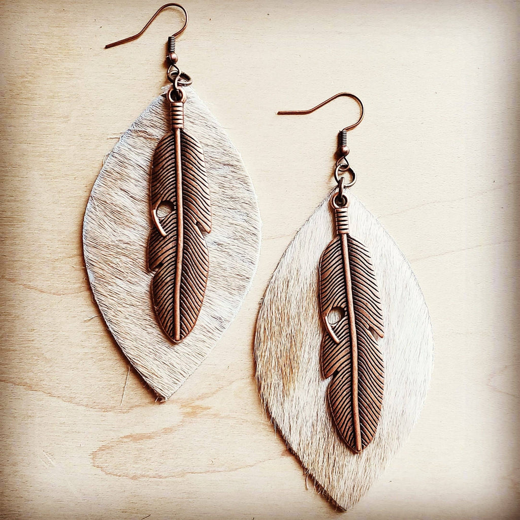 Leather Oval Earrings Tan Hair-on-Hide w/ Copper Feathers 223c: Tan