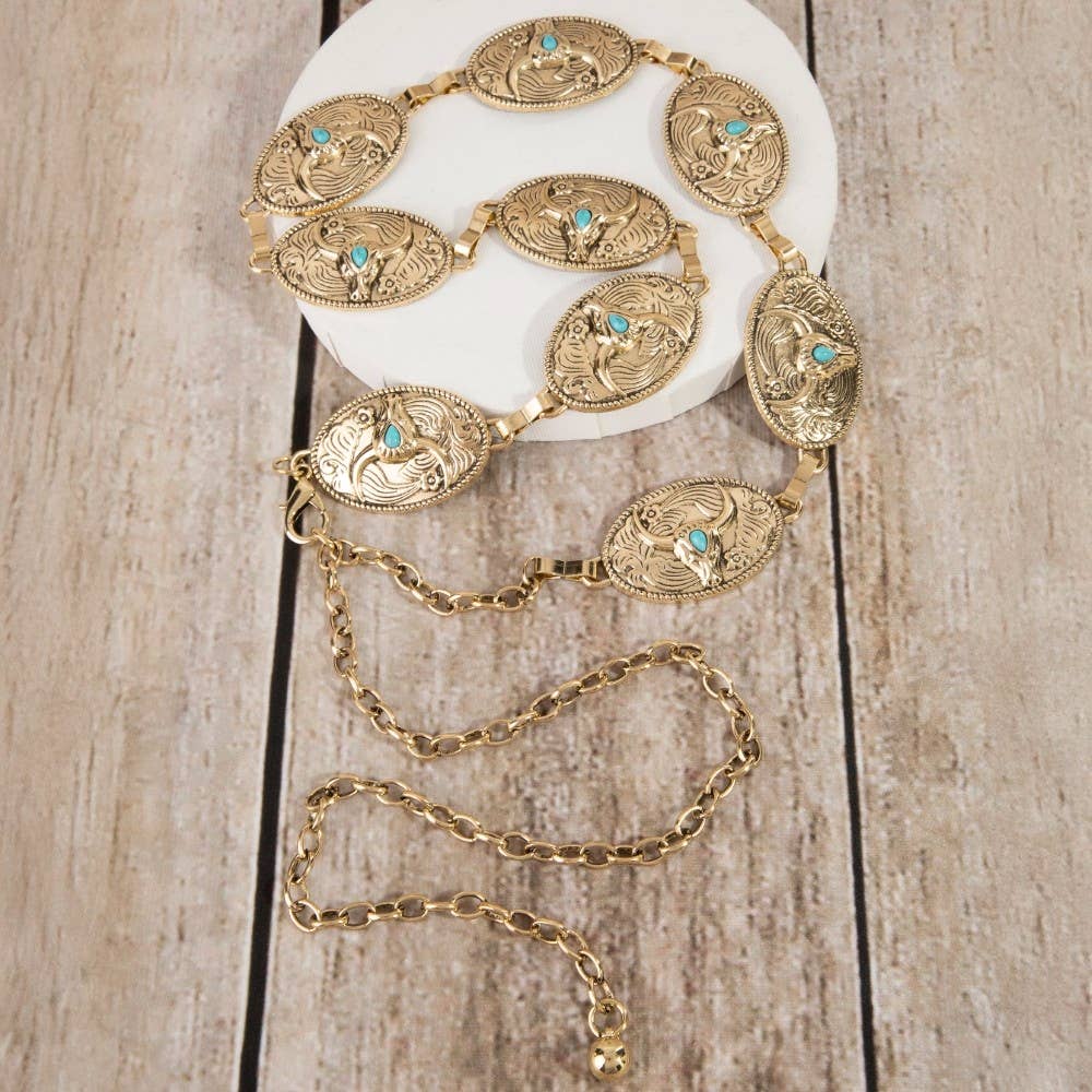 Turquoise Stud Bull Head Concho Chain Belt: AR