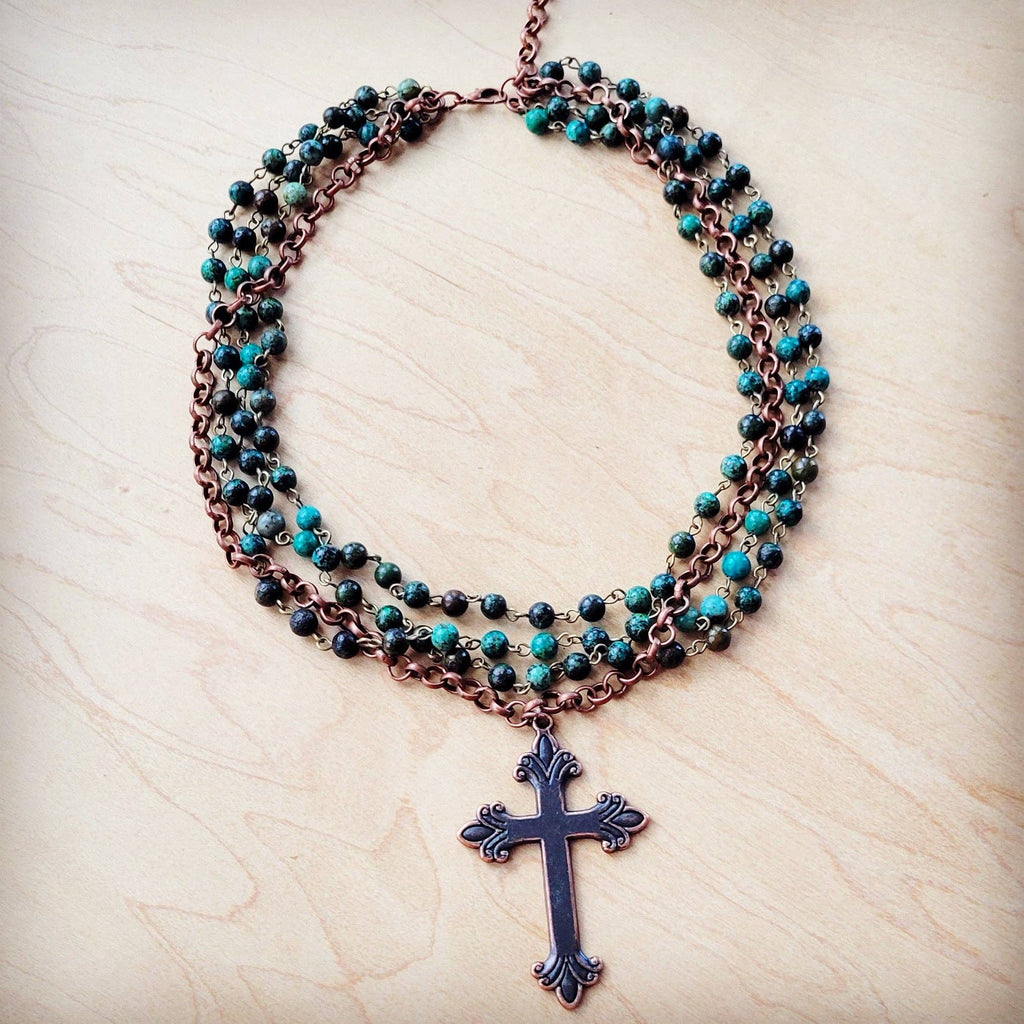 African Turquoise Beaded Collar Necklace w/ Cross Pendant 261c