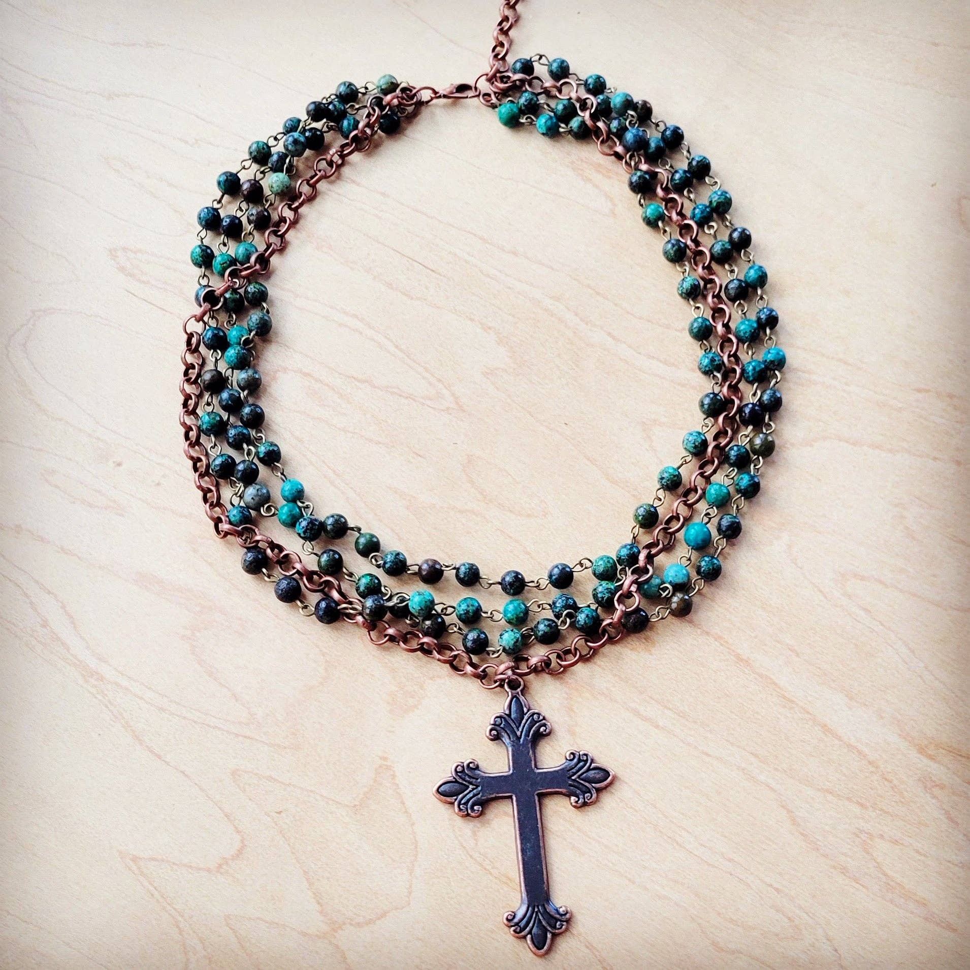 African Turquoise Beaded Collar Necklace w/ Cross Pendant 261c