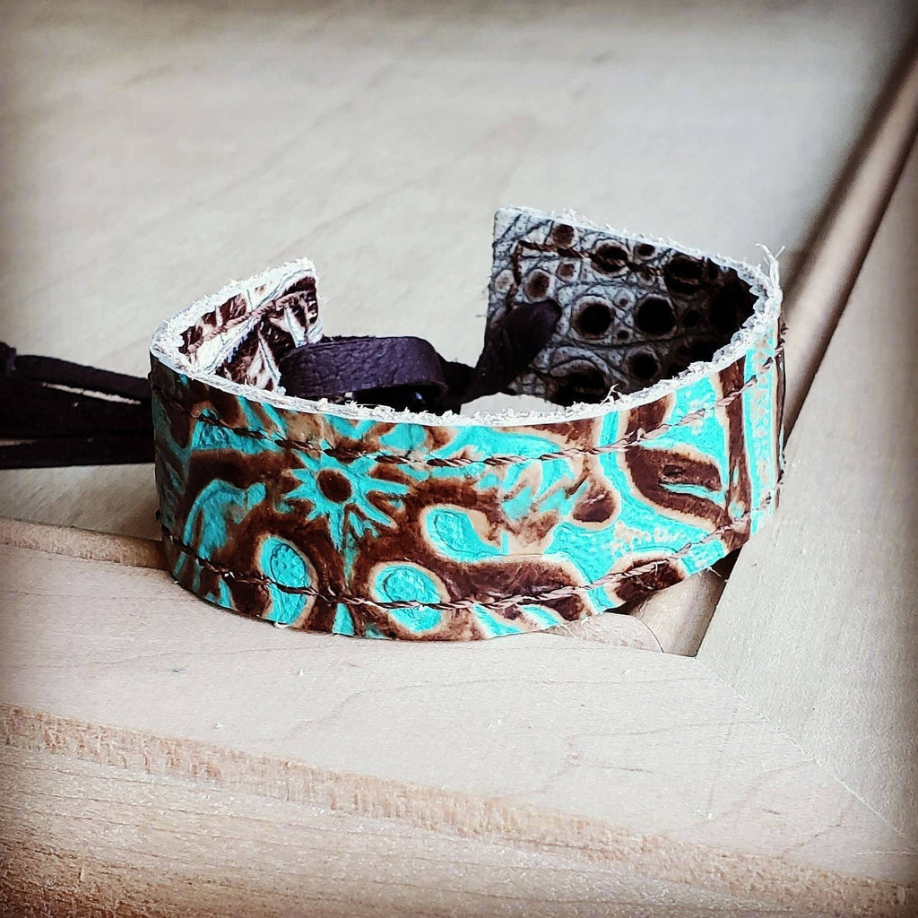 Narrow Leather Cuff in Cowboy Turquoise w/ adjustable leather 001f