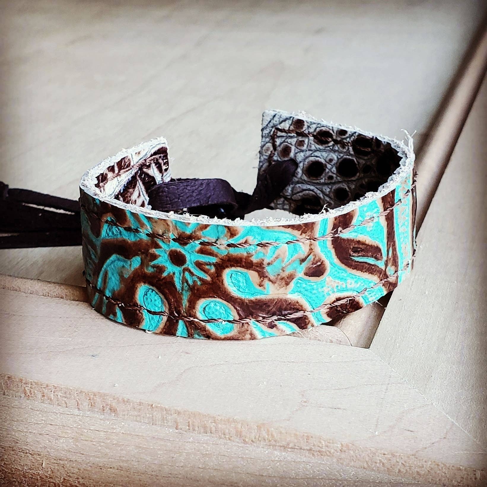 Narrow Leather Cuff in Cowboy Turquoise w/ adjustable leather 001f
