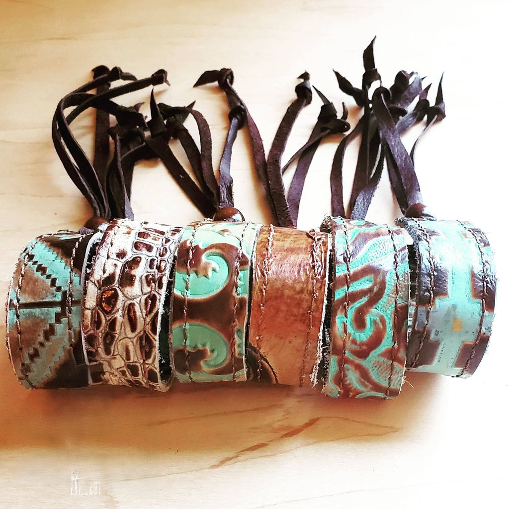 Narrow Leather Cuff in Cowboy Turquoise w/ adjustable leather 001f