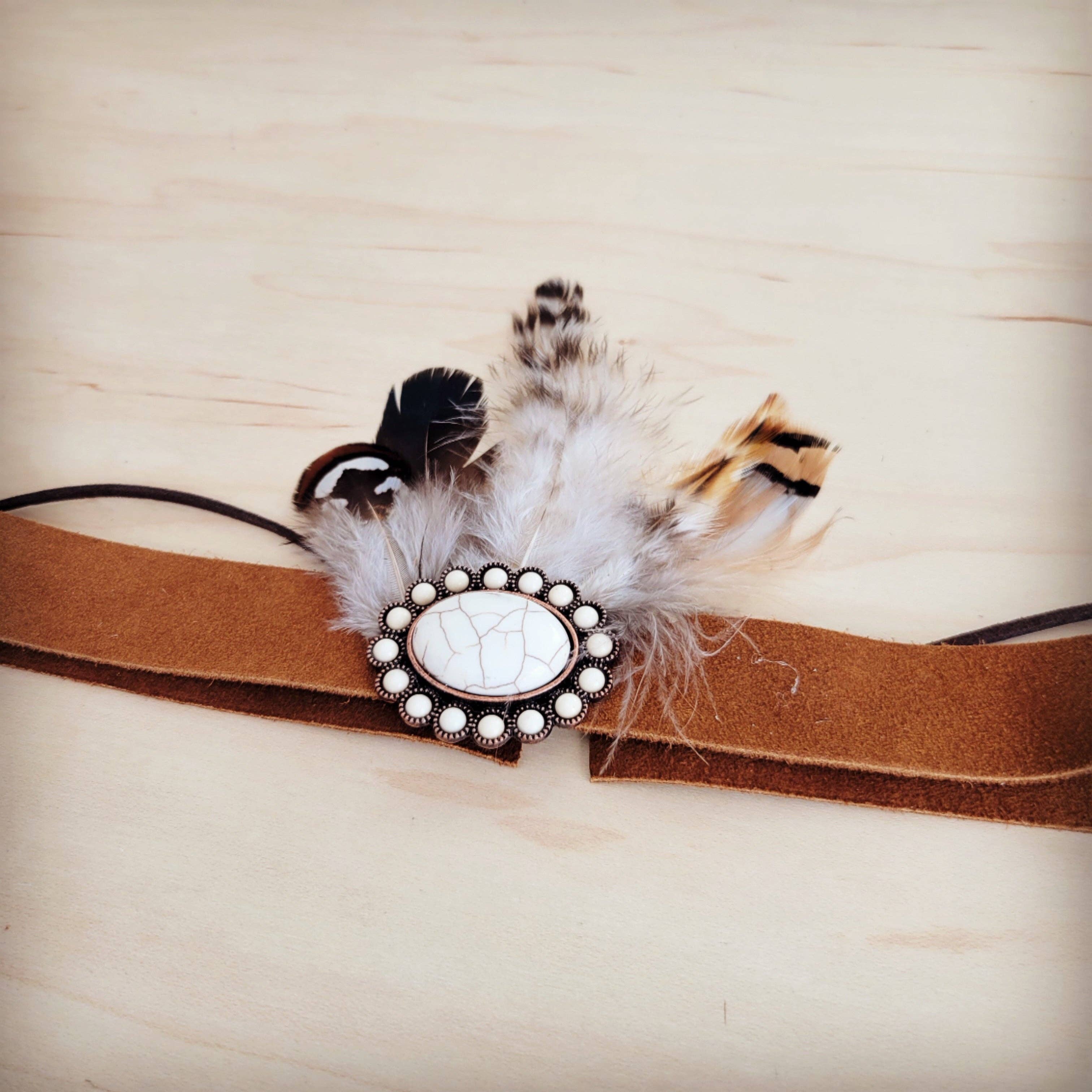 Genuine Suede Leather Hat Band w/ Stone Pendant & Feathers 954u