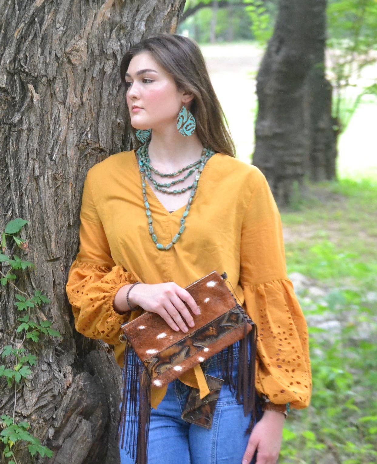 Leather Teardrop Earrings in Cowboy Turquoise 203b: Small