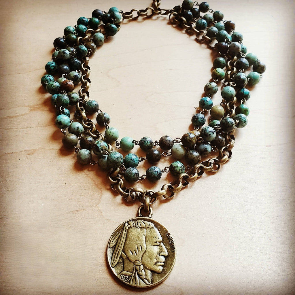 African Turquoise Collar-Length Necklace Indian Buffalo Coin 250t
