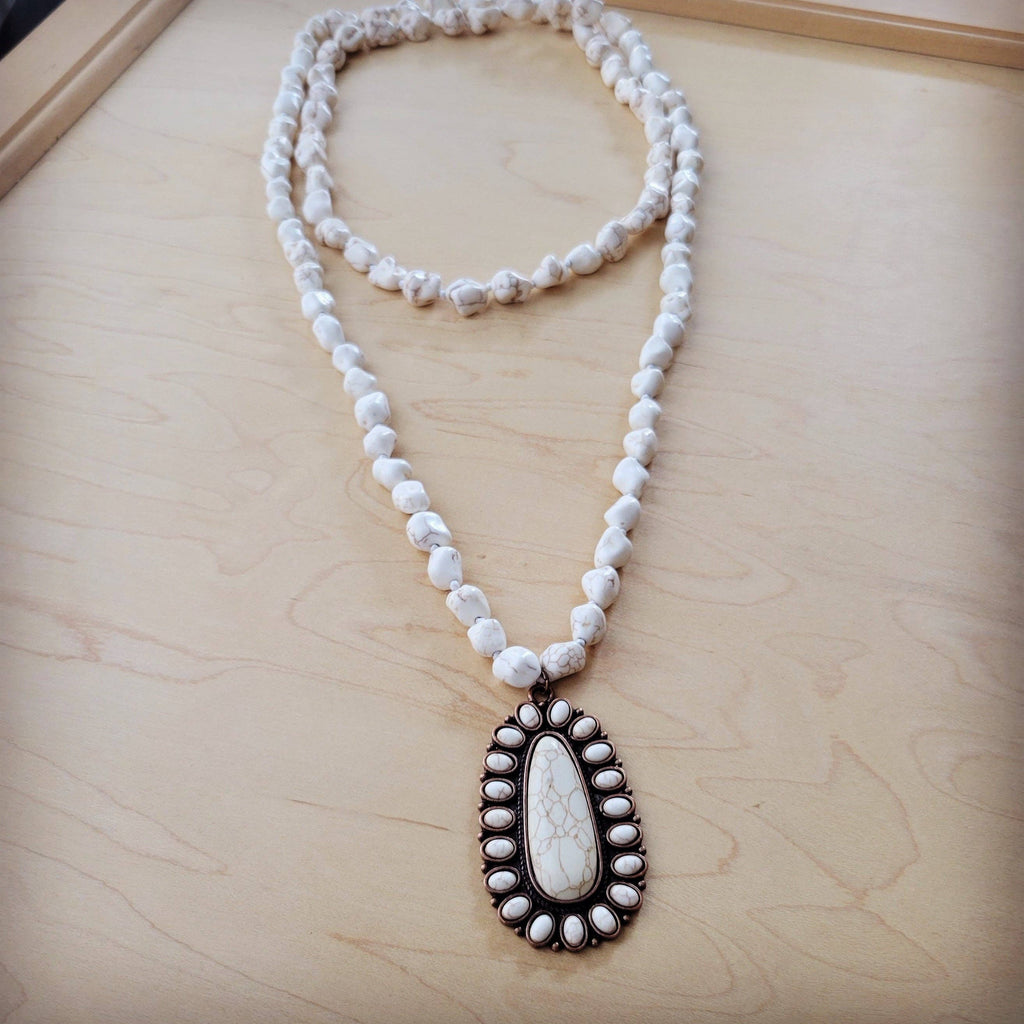 Long Beaded Necklace w/ Squash Blossom Pendant White