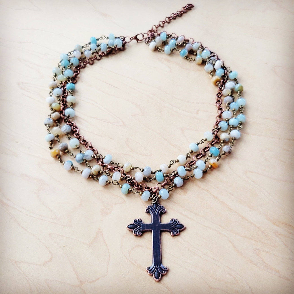 Amazonite Beaded Collar Necklace w/ Cross Pendant 261a