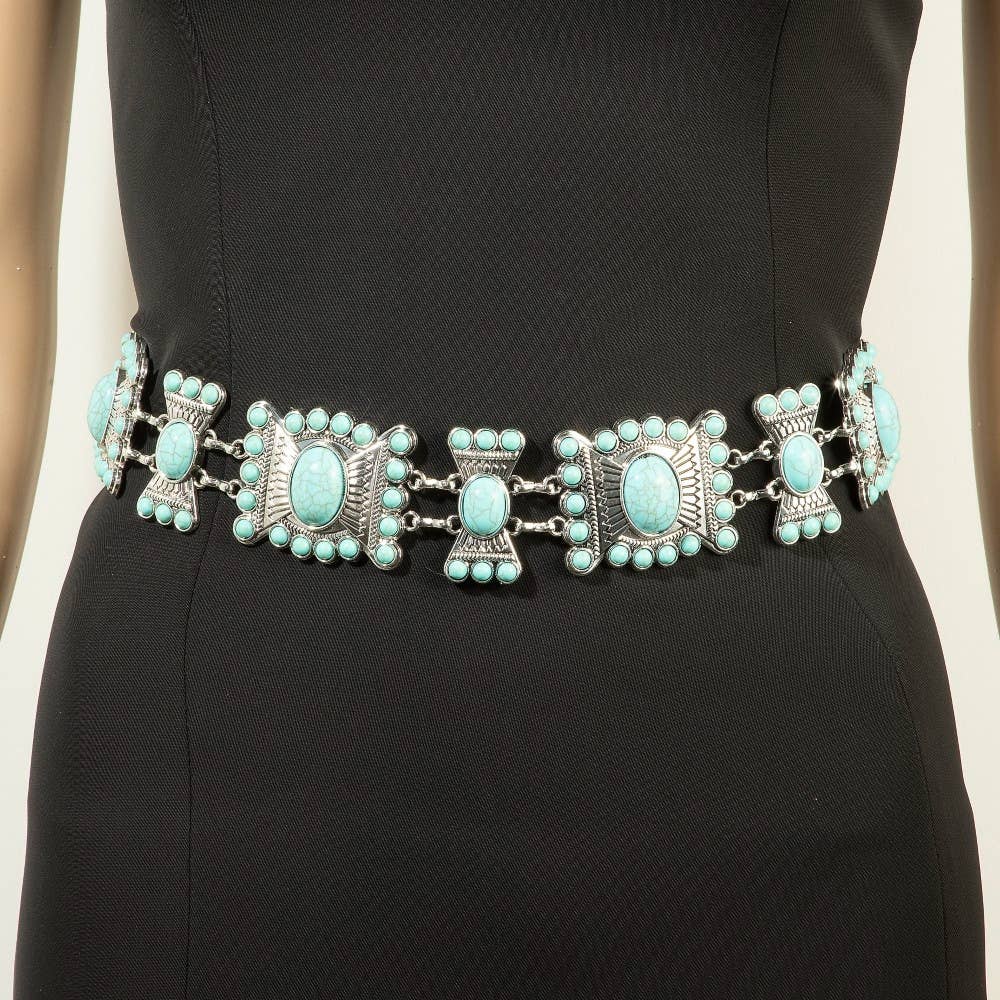 Turquoise Stone Western Concho Chain Belt: S
