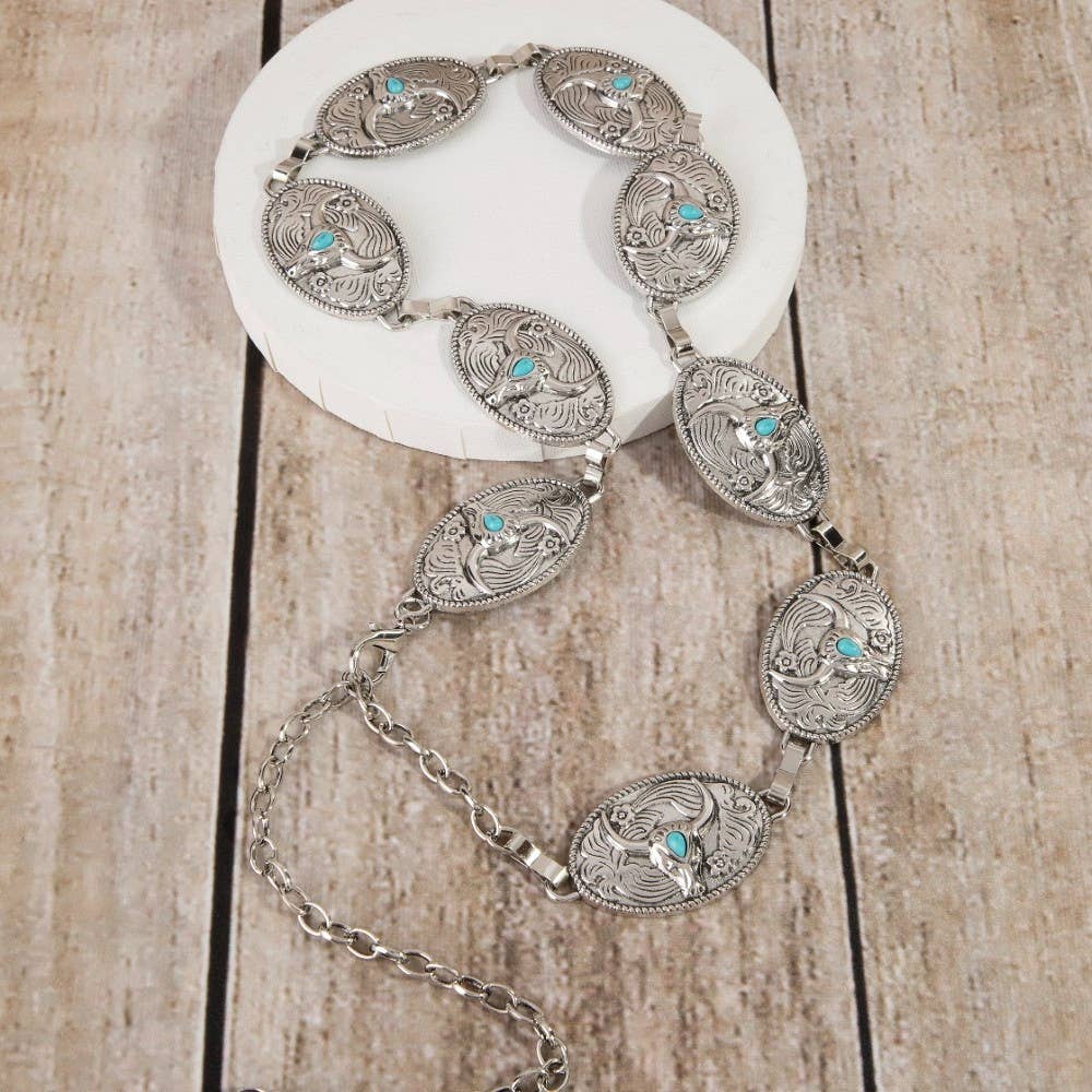 Turquoise Stud Bull Head Concho Chain Belt: AR