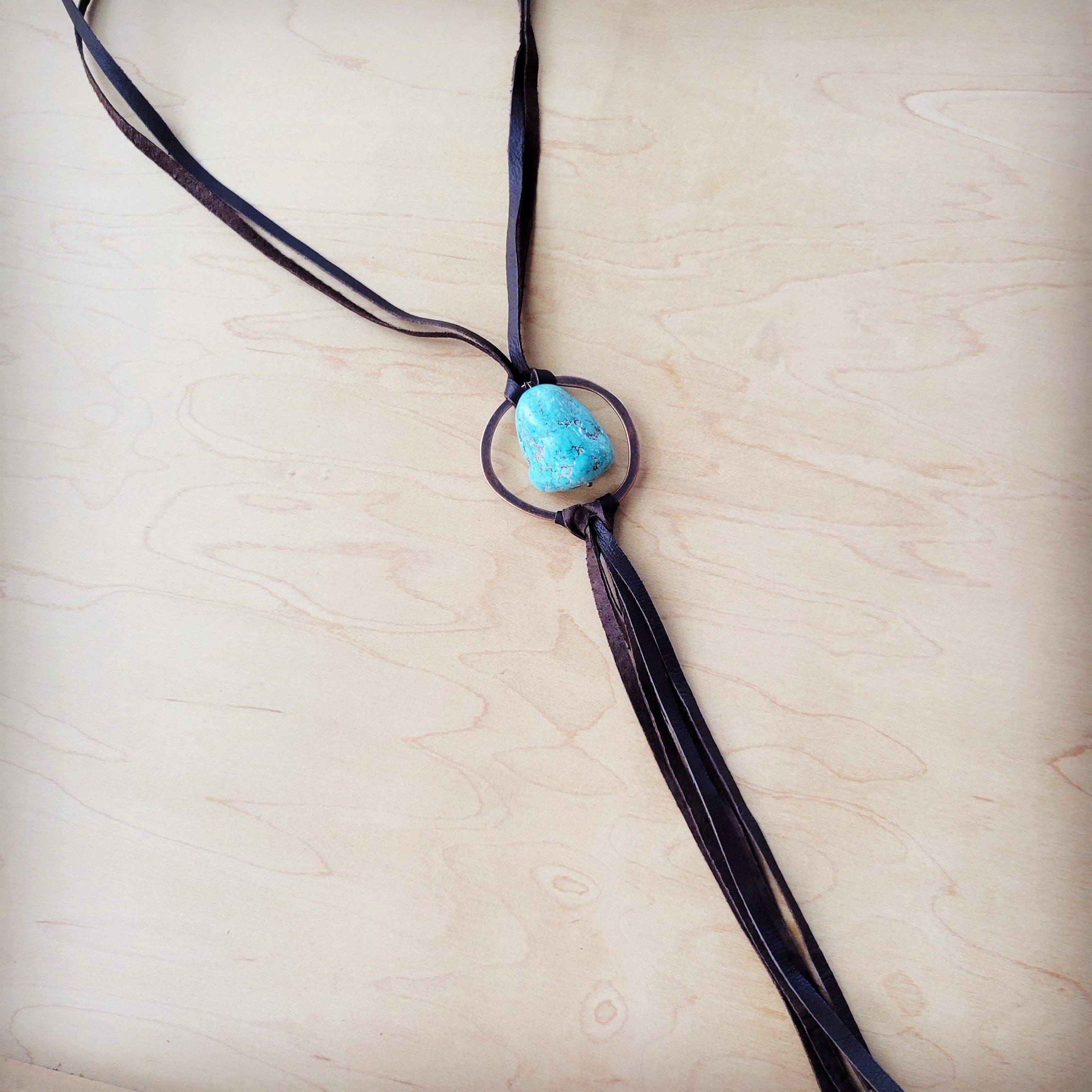Brown Boho Leather Necklace w/ Large Turquoise Chunky Pendant 261m