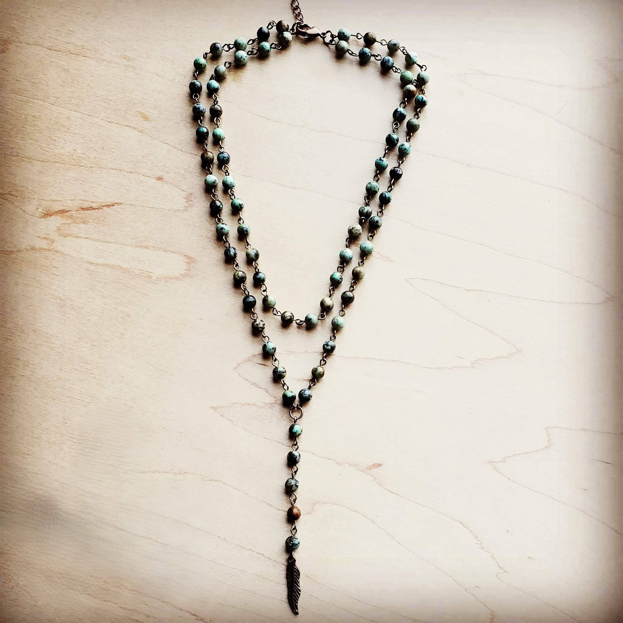 Double Strand Lariat African Turquoise Necklace w/ Copper Feather 251h