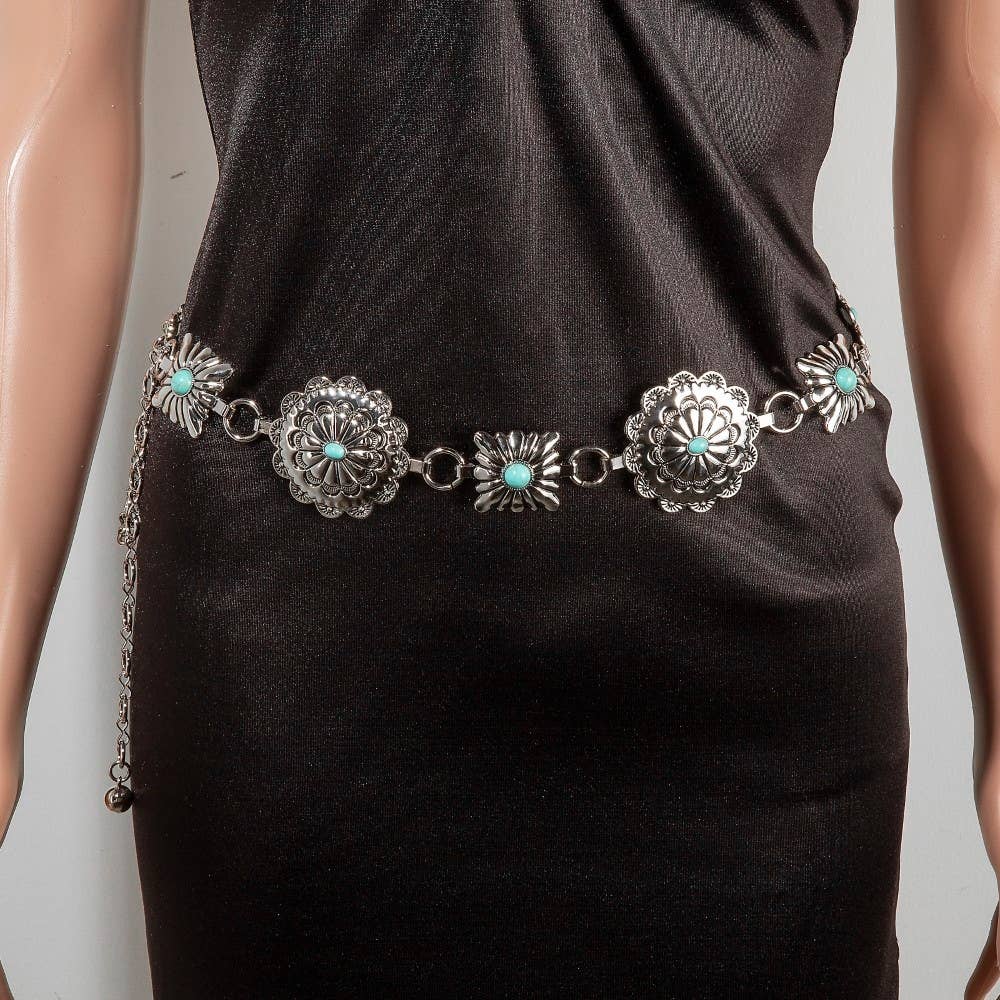 Western Turquoise Stud Floral Concho Chain Belt: ASLTQ