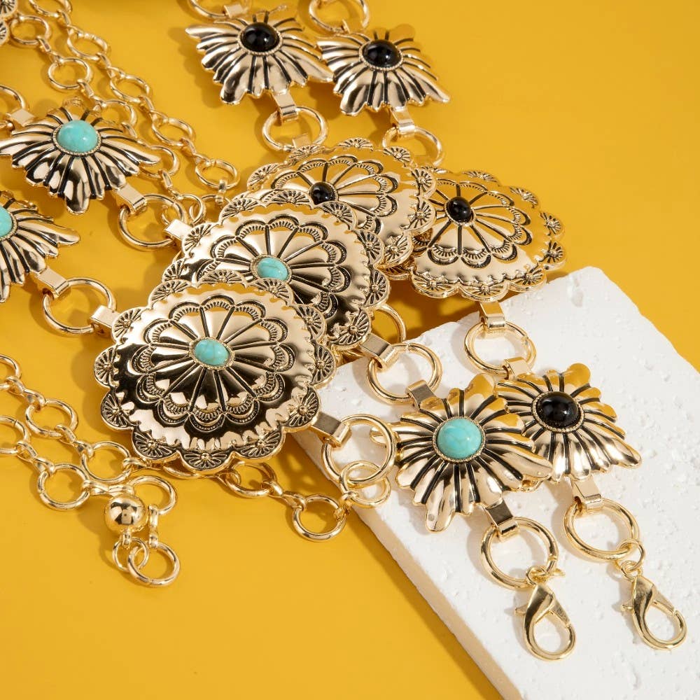 Western Turquoise Stud Floral Concho Chain Belt: ASLTQ