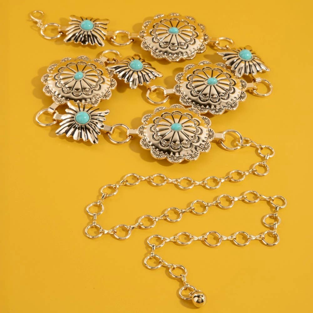 Western Turquoise Stud Floral Concho Chain Belt: ASLTQ