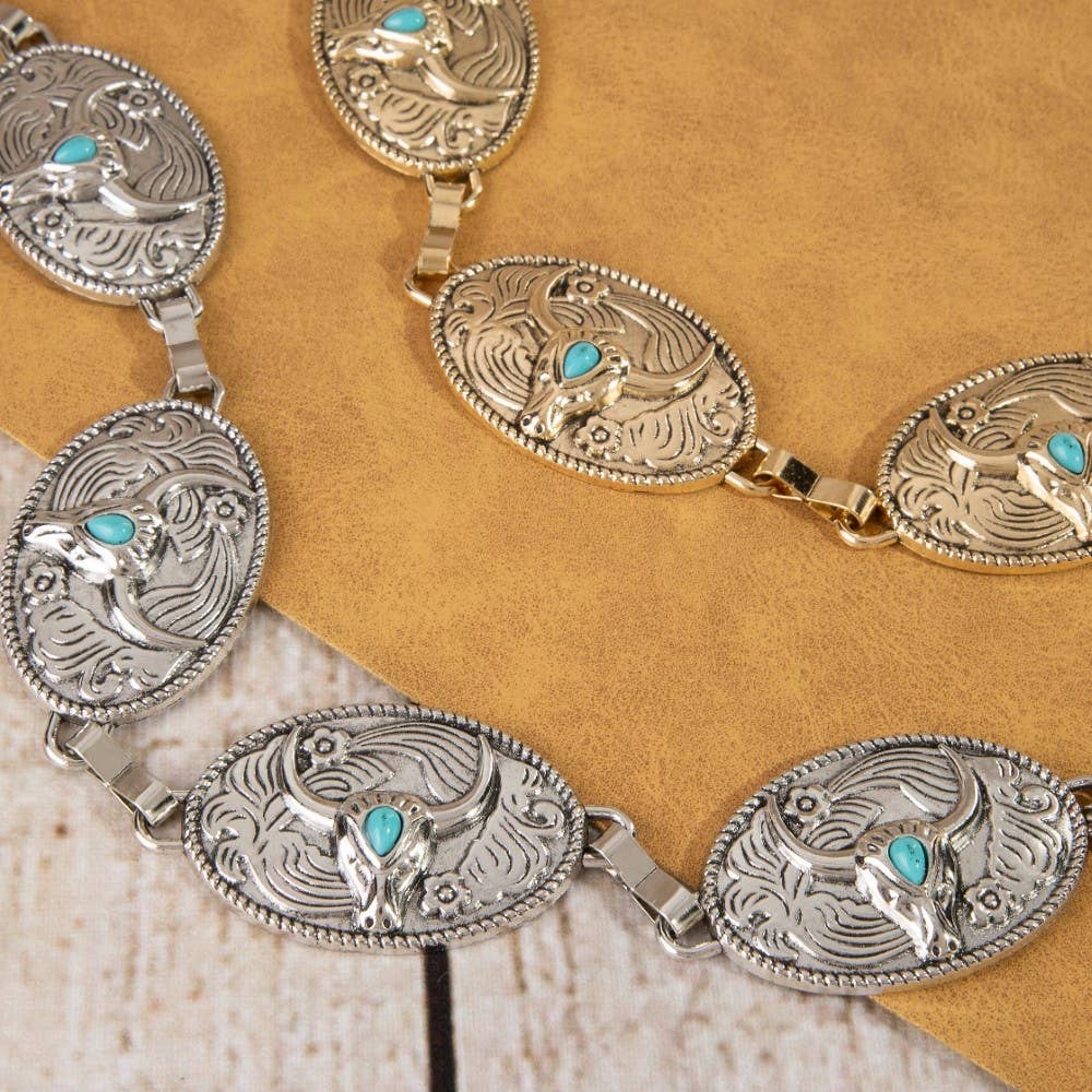 Turquoise Stud Bull Head Concho Chain Belt: AR
