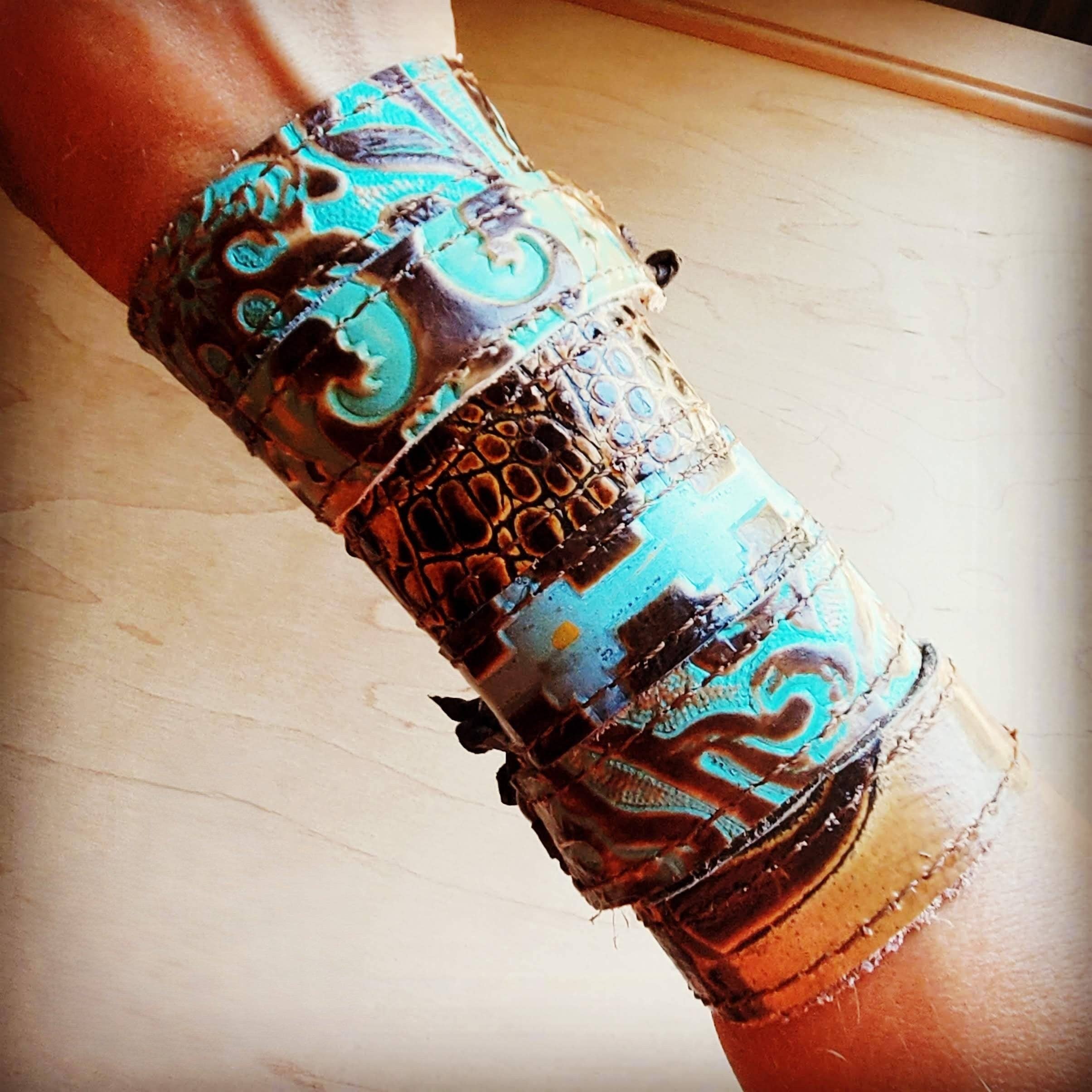 Narrow Leather Cuff in Cowboy Turquoise w/ adjustable leather 001f