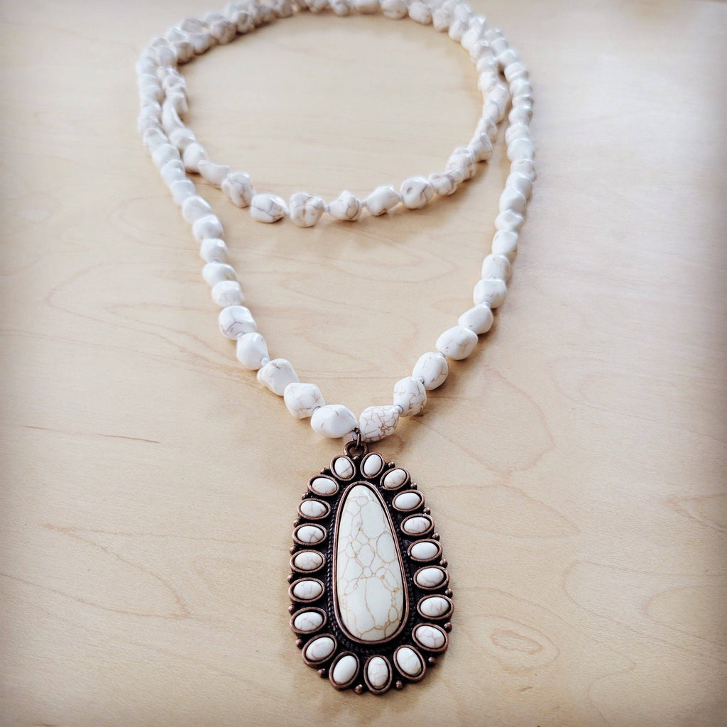 Long Beaded Necklace w/ Squash Blossom Pendant White