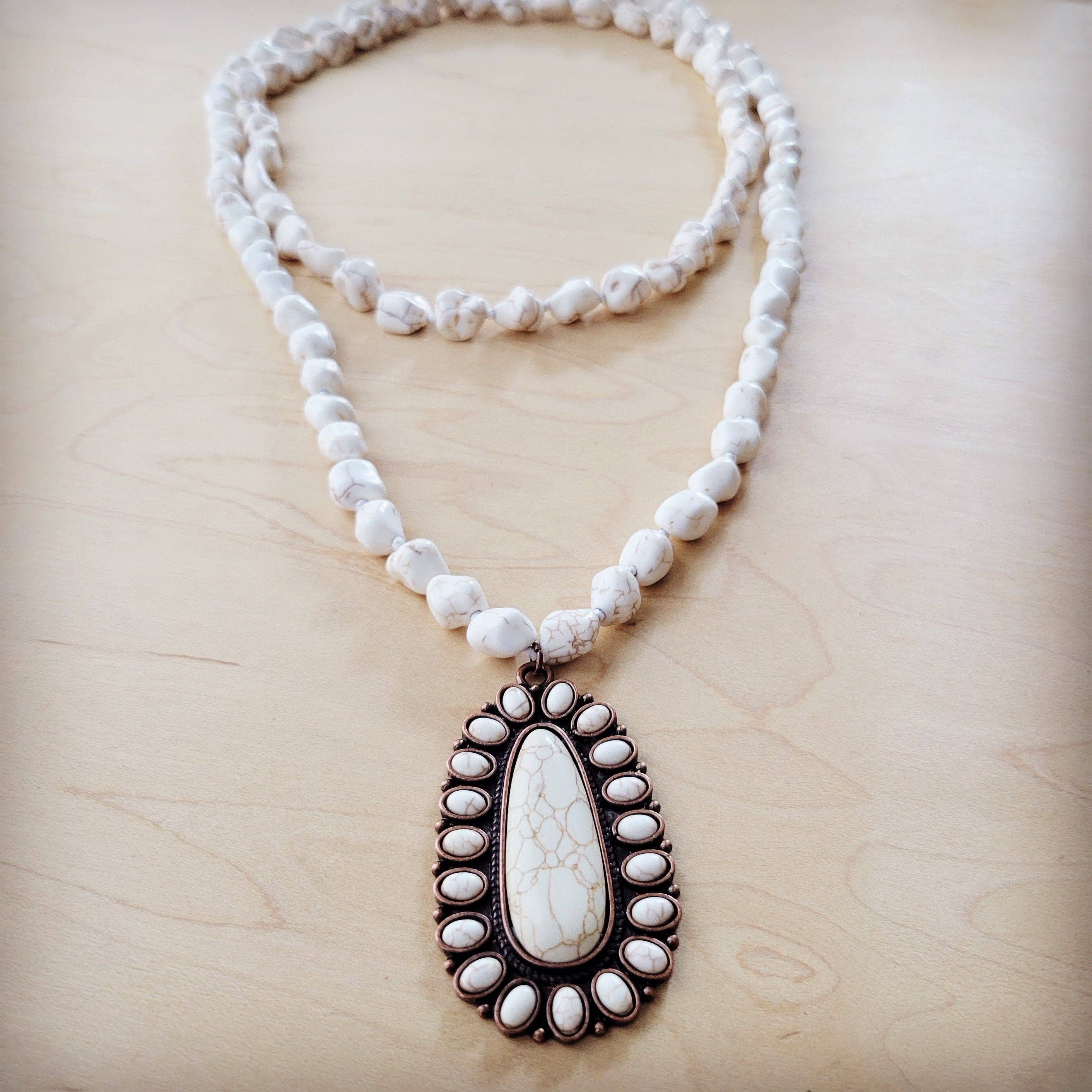 Long Beaded Necklace w/ Squash Blossom Pendant White