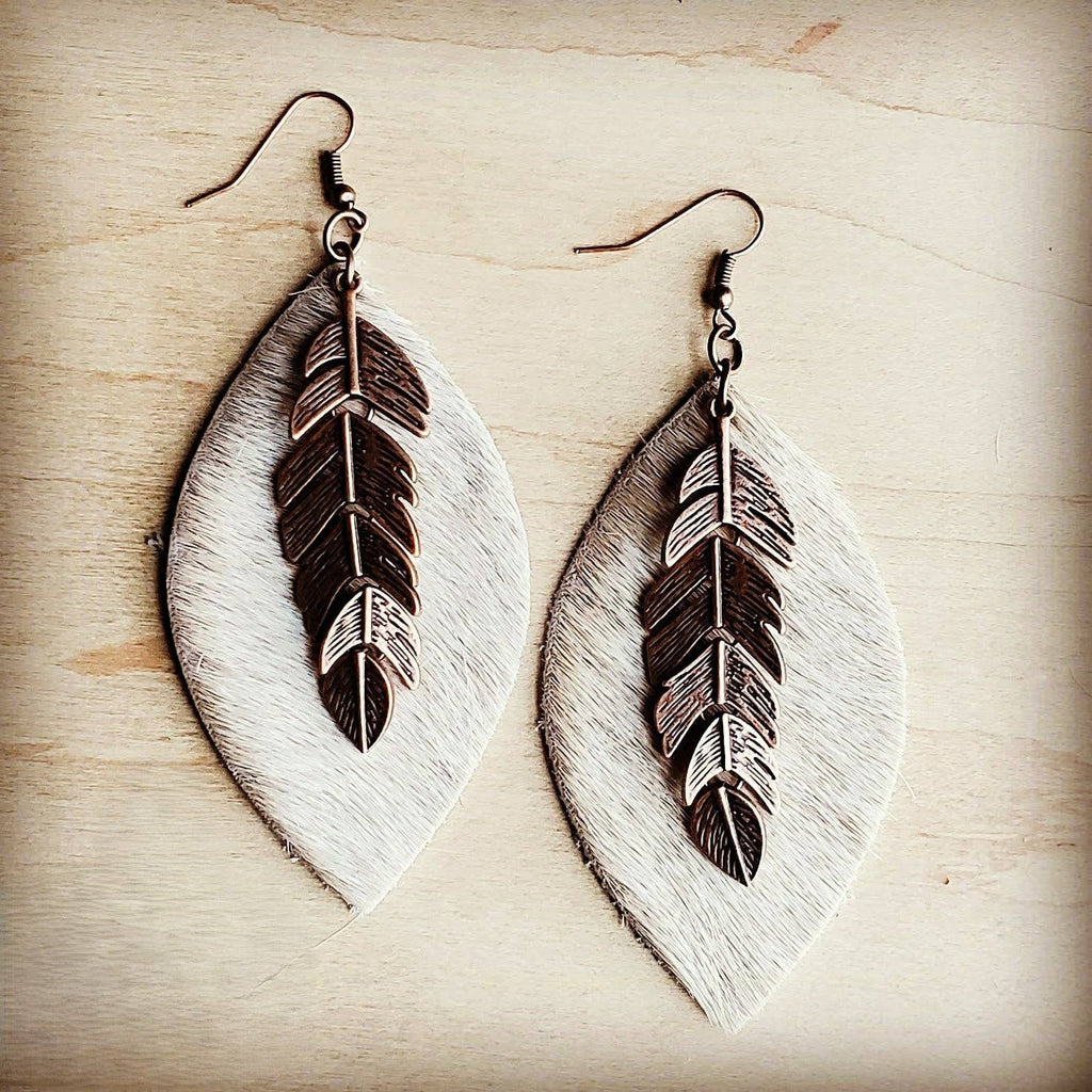 Leather Oval Earrings Tan Hair-on-Hide w/ Copper Feathers 223c: Tan