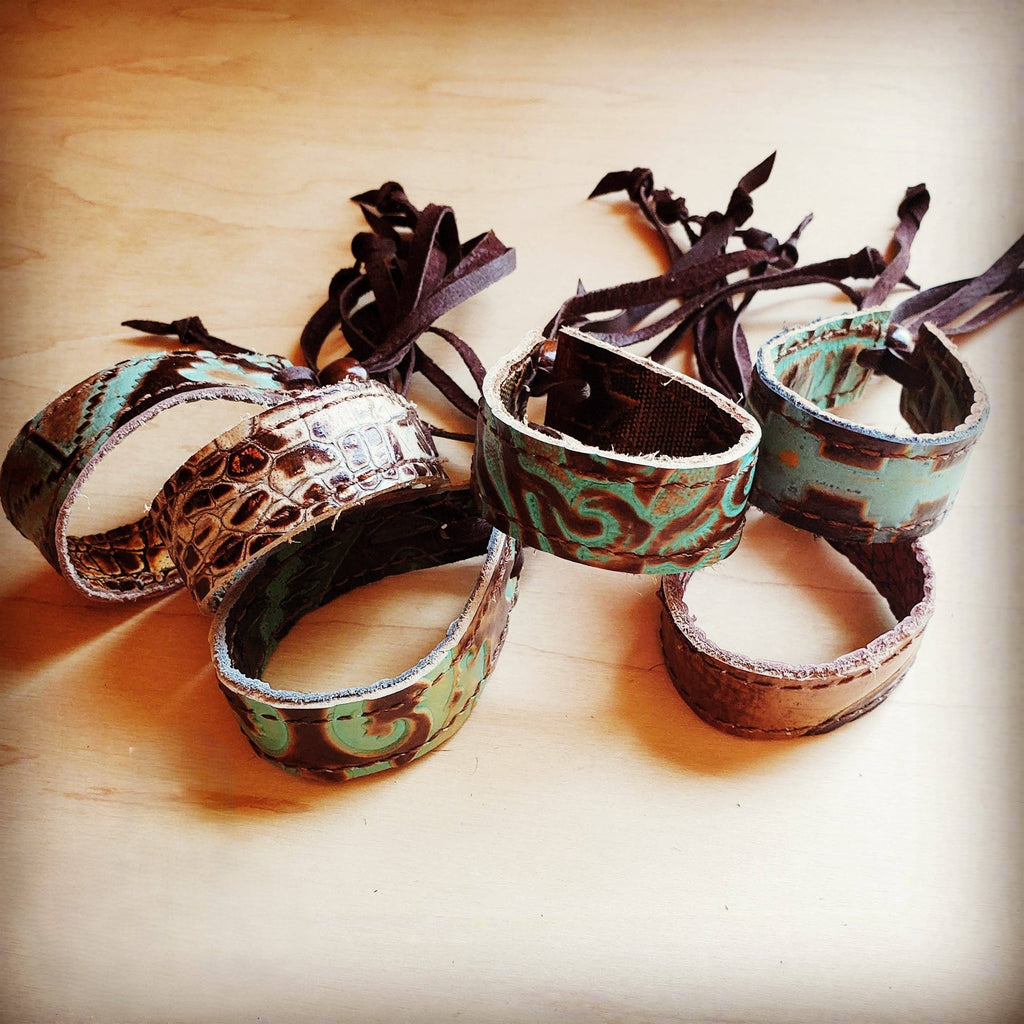 Narrow Leather Cuff in Cowboy Turquoise w/ adjustable leather 001f