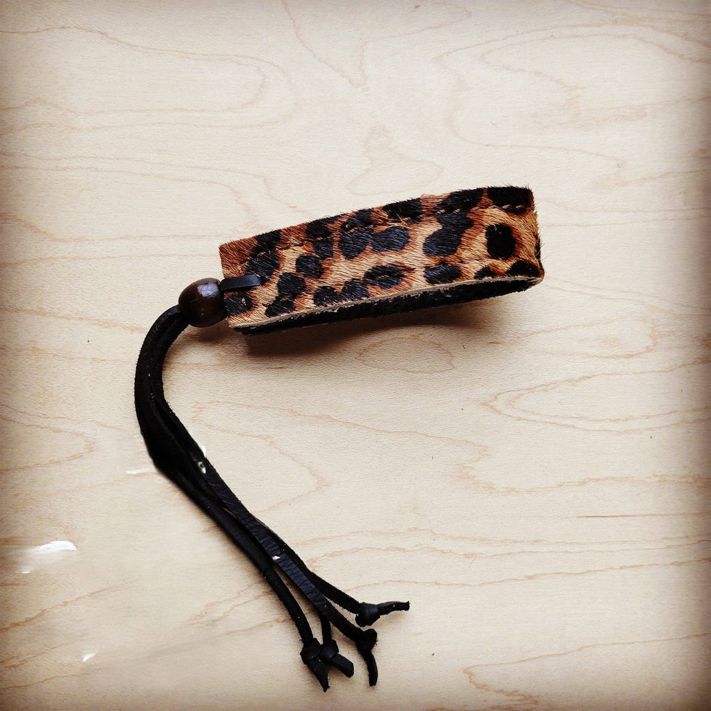Narrow Leather Cuff w/ Adjustable Tie Hair Hide Leopard 014p