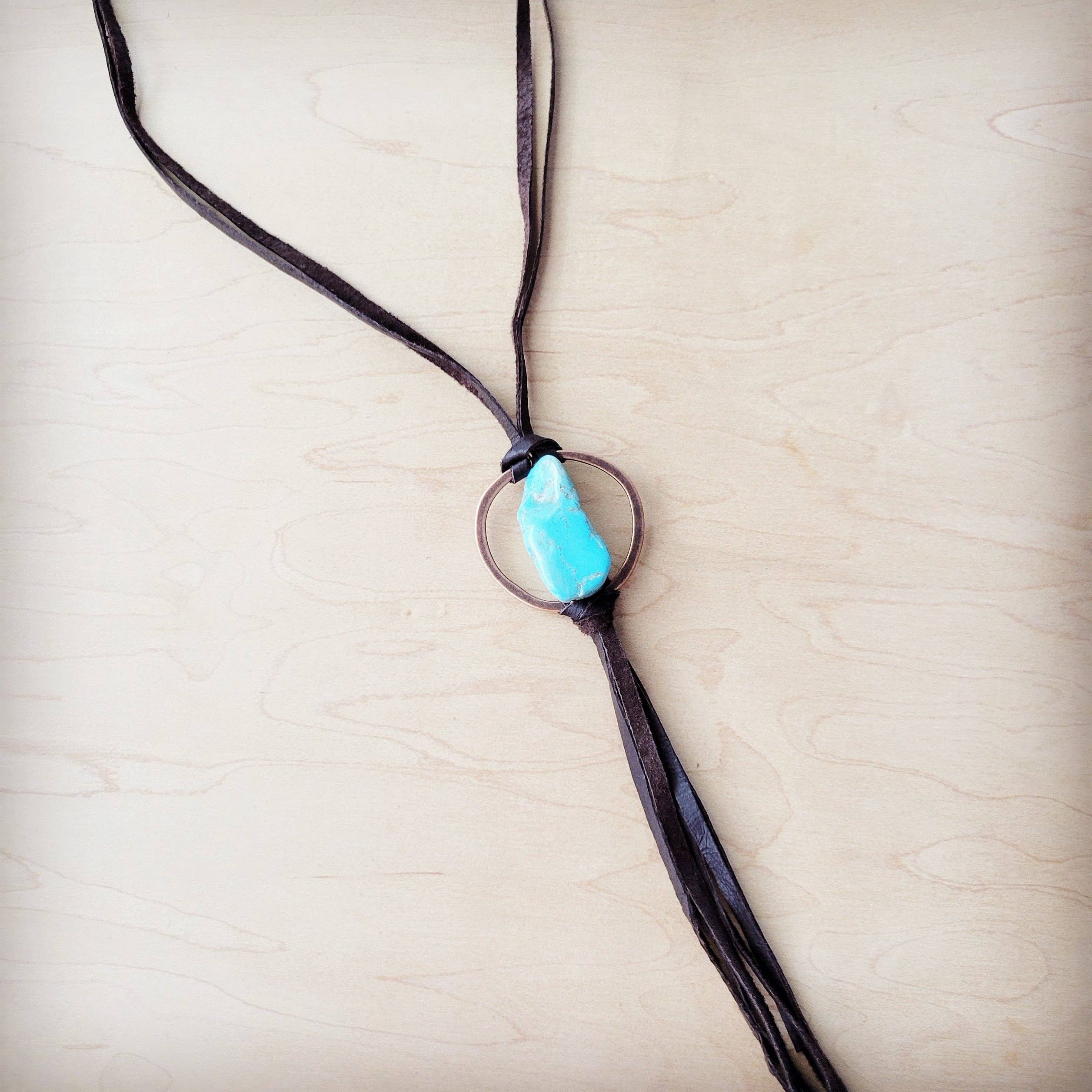 Brown Boho Leather Necklace w/ Large Turquoise Chunky Pendant 261m