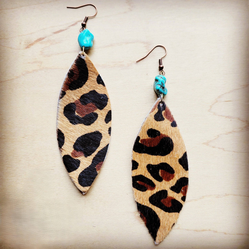 Leather narrow Oval Earrings in Leopard w/ Turquoise Accent 206u